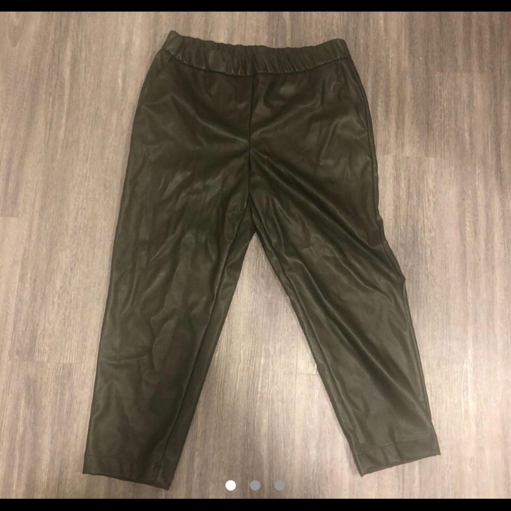 high-rise fake leather tapered ankle pull on pants in olive green